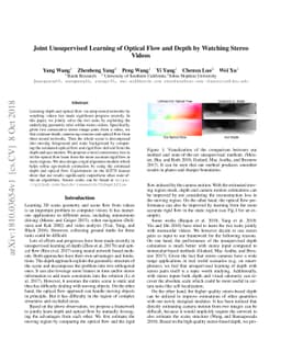 Joint Unsupervised Learning of Optical Flow and Depth by Watching Stereo
  Videos