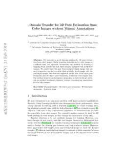 Domain Transfer for 3D Pose Estimation from Color Images without Manual
  Annotations