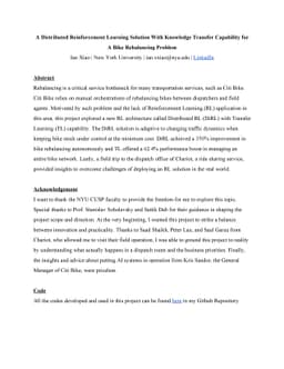A Distributed Reinforcement Learning Solution With Knowledge Transfer
  Capability for A Bike Rebalancing Problem