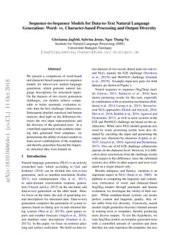 Sequence-to-Sequence Models for Data-to-Text Natural Language
  Generation: Word- vs. Character-based Processing and Output Diversity