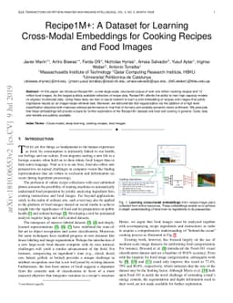 Recipe1M+: A Dataset for Learning Cross-Modal Embeddings for Cooking
  Recipes and Food Images