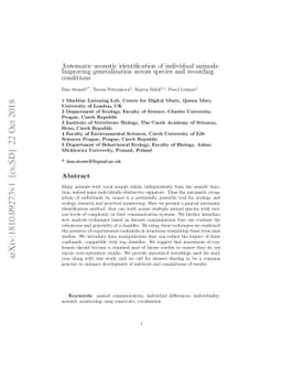 Automatic acoustic identification of individual animals: Improving
  generalisation across species and recording conditions