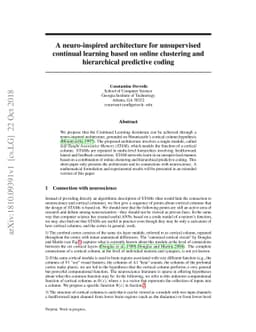 A neuro-inspired architecture for unsupervised continual learning based
  on online clustering and hierarchical predictive coding