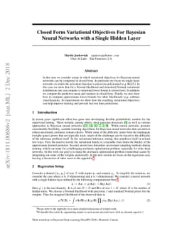 Closed Form Variational Objectives For Bayesian Neural Networks with a
  Single Hidden Layer