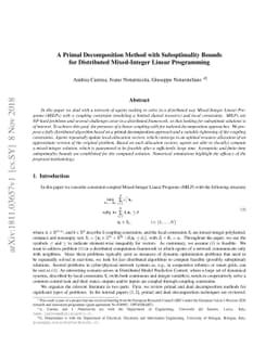 A Primal Decomposition Method with Suboptimality Bounds for Distributed
  Mixed-Integer Linear Programming