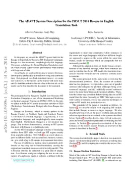 The ADAPT System Description for the IWSLT 2018 Basque to English
  Translation Task