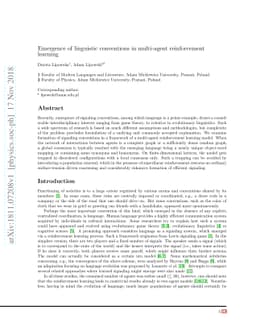 Emergence of linguistic conventions in multi-agent reinforcement
  learning