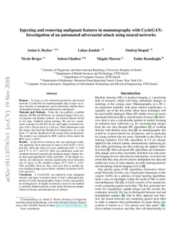 Injecting and removing malignant features in mammography with CycleGAN:
  Investigation of an automated adversarial attack using neural networks