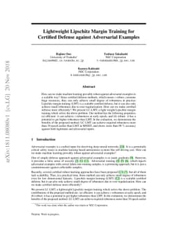 Lightweight Lipschitz Margin Training for Certified Defense against
  Adversarial Examples