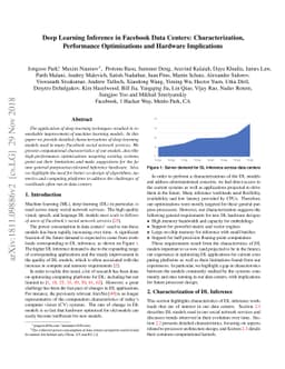 Deep Learning Inference in Facebook Data Centers: Characterization,
  Performance Optimizations and Hardware Implications