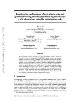 Investigating performance of neural networks and gradient boosting
  models approximating microscopic traffic simulations in traffic optimization
  tasks