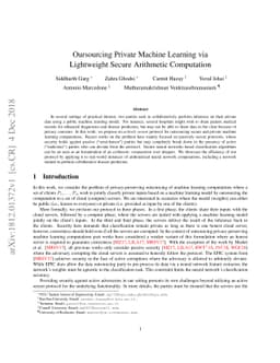 Outsourcing Private Machine Learning via Lightweight Secure Arithmetic
  Computation