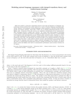 Modeling natural language emergence with integral transform theory and
  reinforcement learning