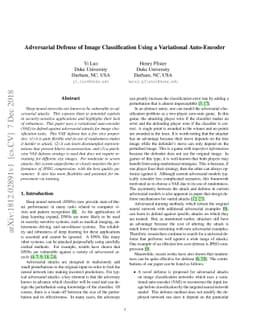 Adversarial Defense of Image Classification Using a Variational
  Auto-Encoder