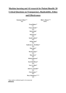 Machine learning and AI research for Patient Benefit: 20 Critical
  Questions on Transparency, Replicability, Ethics and Effectiveness