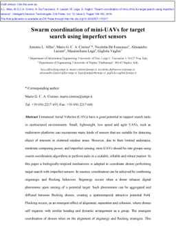 Swarm coordination of mini-UAVs for target search using imperfect
  sensors
