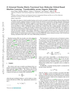 A Universal Density Matrix Functional from Molecular Orbital-Based
  Machine Learning: Transferability across Organic Molecules