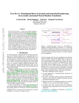 ParaBank: Monolingual Bitext Generation and Sentential Paraphrasing via
  Lexically-constrained Neural Machine Translation
