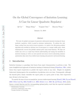 On the Global Convergence of Imitation Learning: A Case for Linear
  Quadratic Regulator