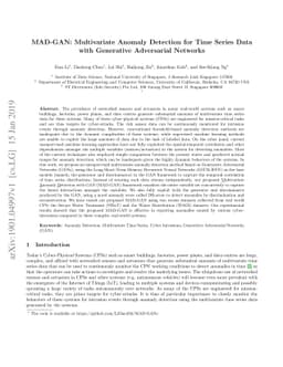 MAD-GAN: Multivariate Anomaly Detection for Time Series Data with
  Generative Adversarial Networks