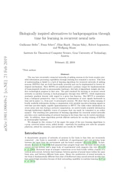 Biologically inspired alternatives to backpropagation through time for
  learning in recurrent neural nets