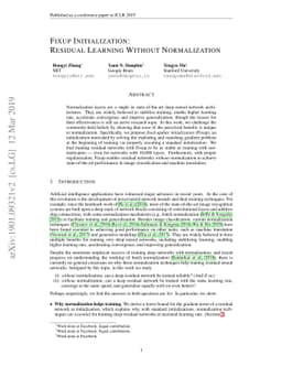 Fixup Initialization: Residual Learning Without Normalization