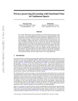 Privacy-preserving Q-Learning with Functional Noise in Continuous State
  Spaces