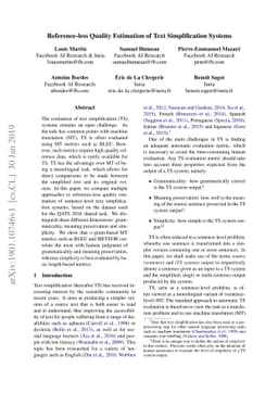 Reference-less Quality Estimation of Text Simplification Systems