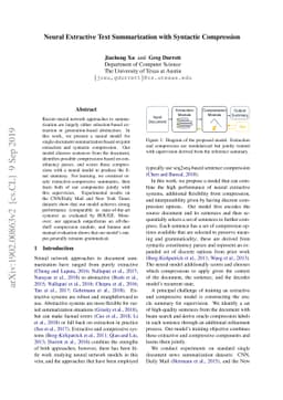Neural Extractive Text Summarization with Syntactic Compression