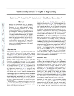 On the security relevance of weights in deep learning