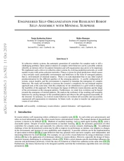 Engineered Self-Organization for Resilient Robot Self-Assembly with
  Minimal Surprise