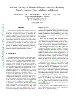 Machine Learning on Biomedical Images: Interactive Learning, Transfer
  Learning, Class Imbalance, and Beyond