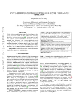 A novel repetition normalized adversarial reward for headline generation