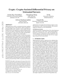 Crypt$ε$: Crypto-Assisted Differential Privacy on Untrusted
  Servers