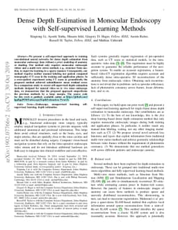 Dense Depth Estimation in Monocular Endoscopy with Self-supervised
  Learning Methods