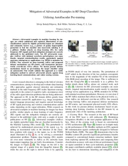Mitigation of Adversarial Examples in RF Deep Classifiers Utilizing
  AutoEncoder Pre-training