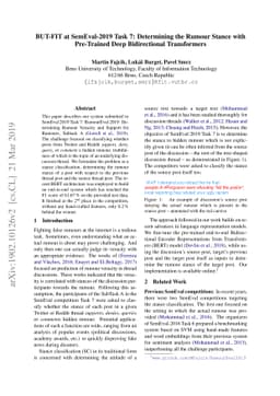 BUT-FIT at SemEval-2019 Task 7: Determining the Rumour Stance with
  Pre-Trained Deep Bidirectional Transformers