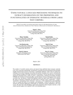 Using natural language processing techniques to extract information on
  the properties and functionalities of energetic materials from large text
  corpora
