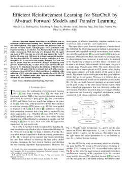 Efficient Reinforcement Learning for StarCraft by Abstract Forward
  Models and Transfer Learning