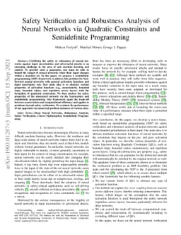 Safety Verification and Robustness Analysis of Neural Networks via
  Quadratic Constraints and Semidefinite Programming