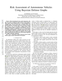 Risk Assessment of Autonomous Vehicles Using Bayesian Defense Graphs