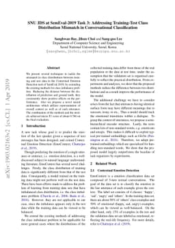 SNU_IDS at SemEval-2019 Task 3: Addressing Training-Test Class
  Distribution Mismatch in Conversational Classification