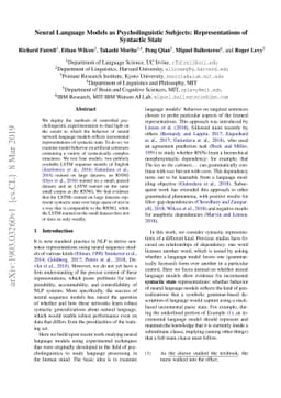 Neural Language Models as Psycholinguistic Subjects: Representations of
  Syntactic State