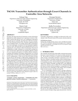 TACAN: Transmitter Authentication through Covert Channels in Controller
  Area Networks