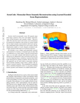 SceneCode: Monocular Dense Semantic Reconstruction using Learned Encoded
  Scene Representations