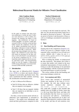 Bidirectional Recurrent Models for Offensive Tweet Classification