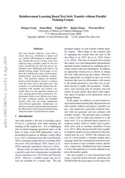 Reinforcement Learning Based Text Style Transfer without Parallel
  Training Corpus