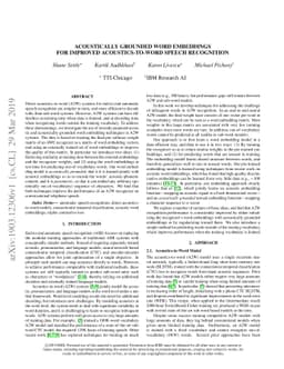 Acoustically Grounded Word Embeddings for Improved Acoustics-to-Word
  Speech Recognition