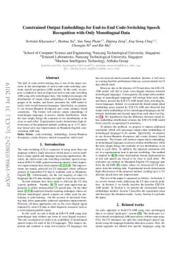 Constrained Output Embeddings for End-to-End Code-Switching Speech
  Recognition with Only Monolingual Data