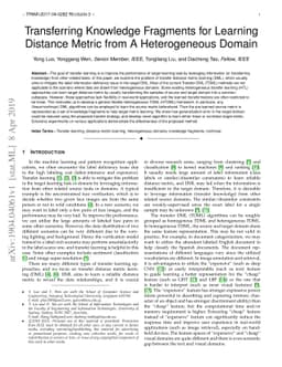 Transferring Knowledge Fragments for Learning Distance Metric from A
  Heterogeneous Domain